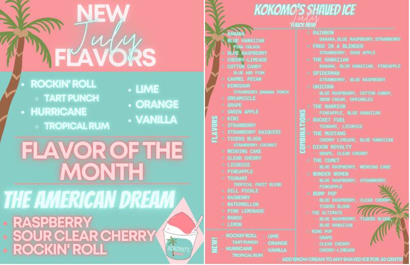 Kokomo’s Shaved Ice Menu