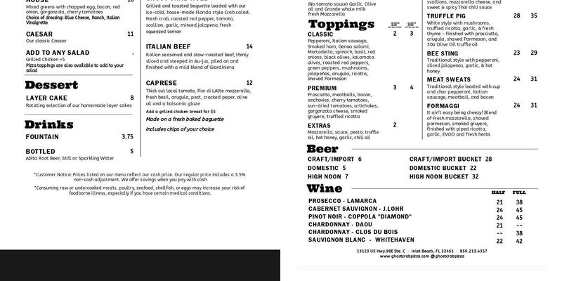 Ghost Crab Pizza Menu