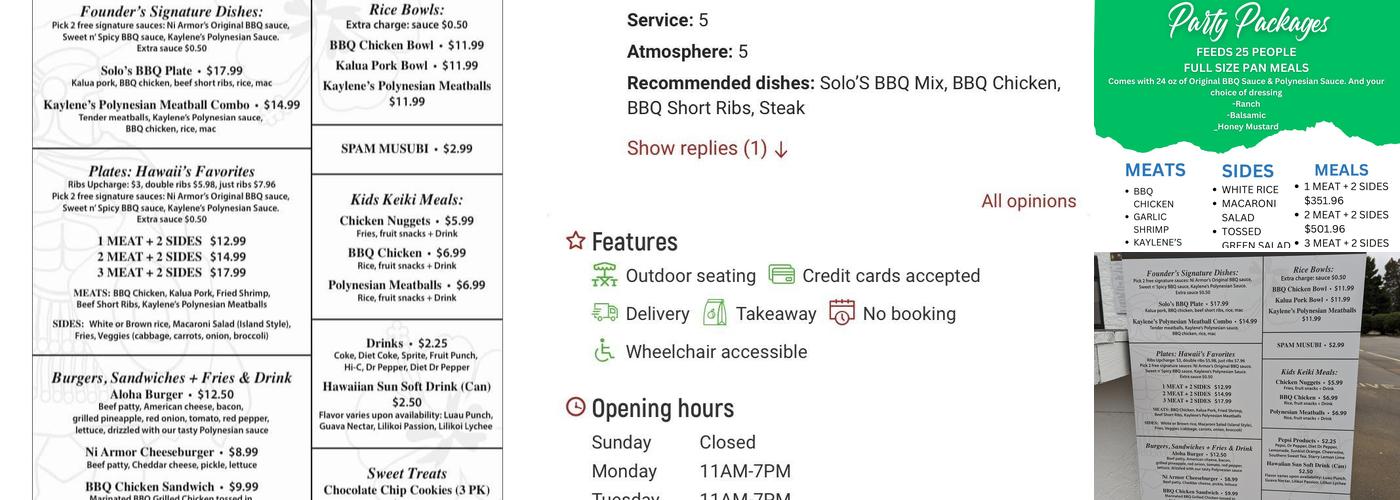 Ni Armors Hawaiian and Polynesian bbq Menu