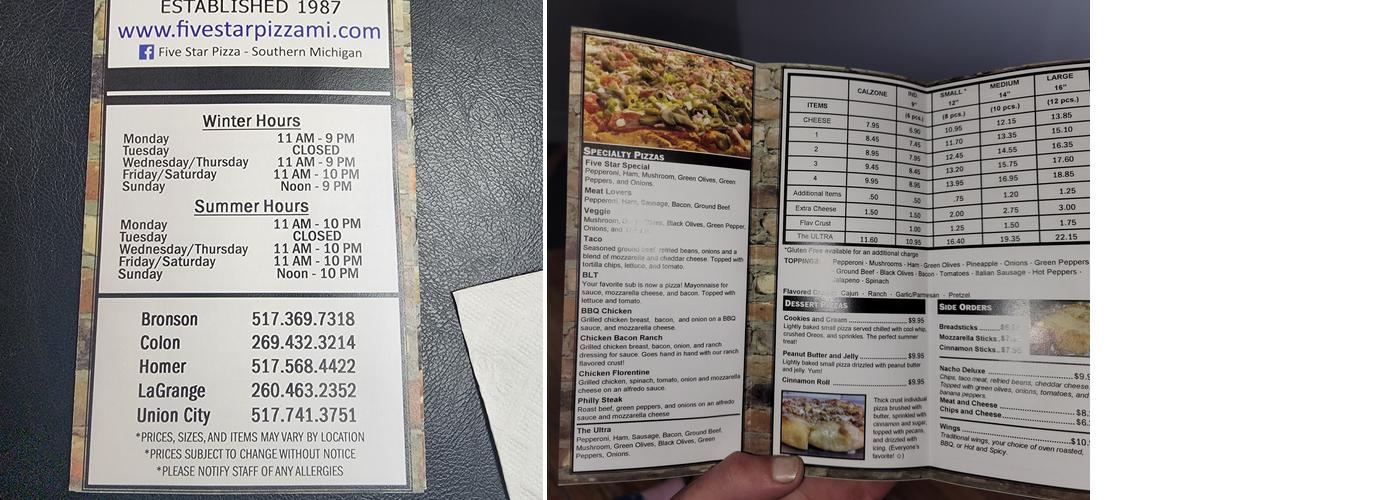 Five Star Pizza Menu