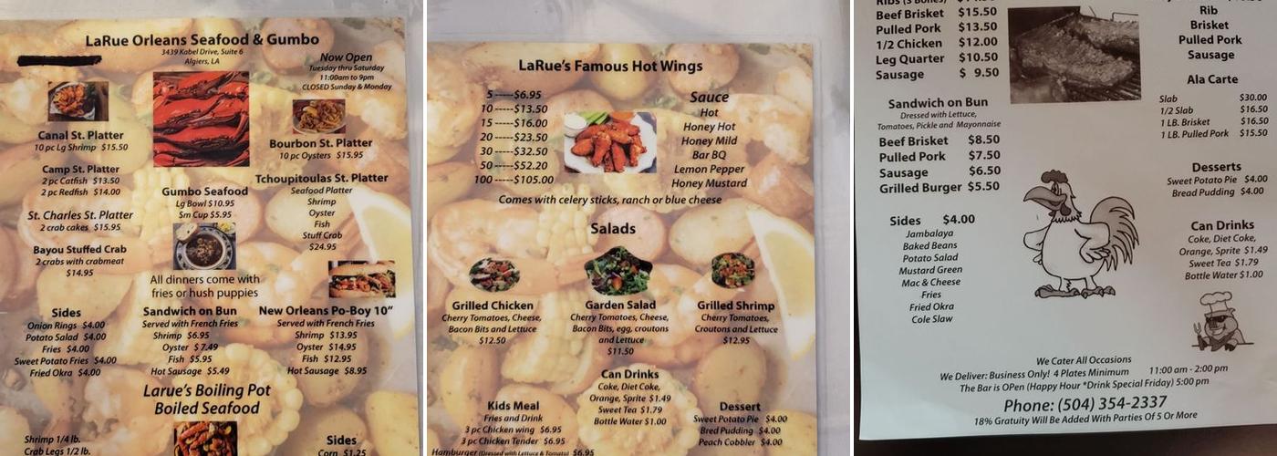 Larue's Bar B Que & Seafood Menu