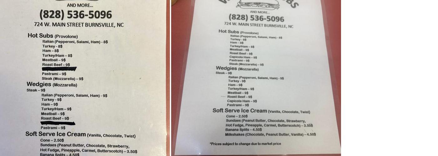Westside subs Menu
