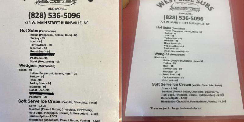 Westside subs Menu