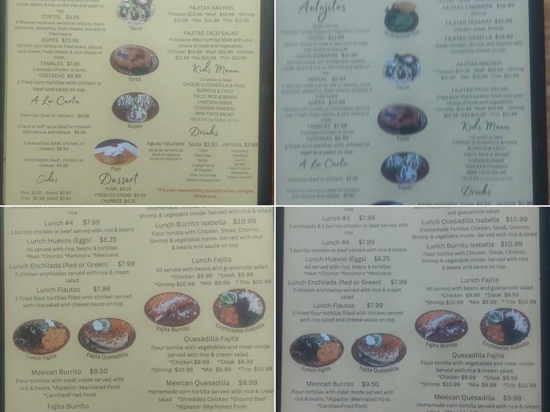 Isabella Mexican restaurant Menu