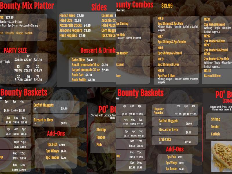 Sea's Bounty Seafood & Chicken Menu