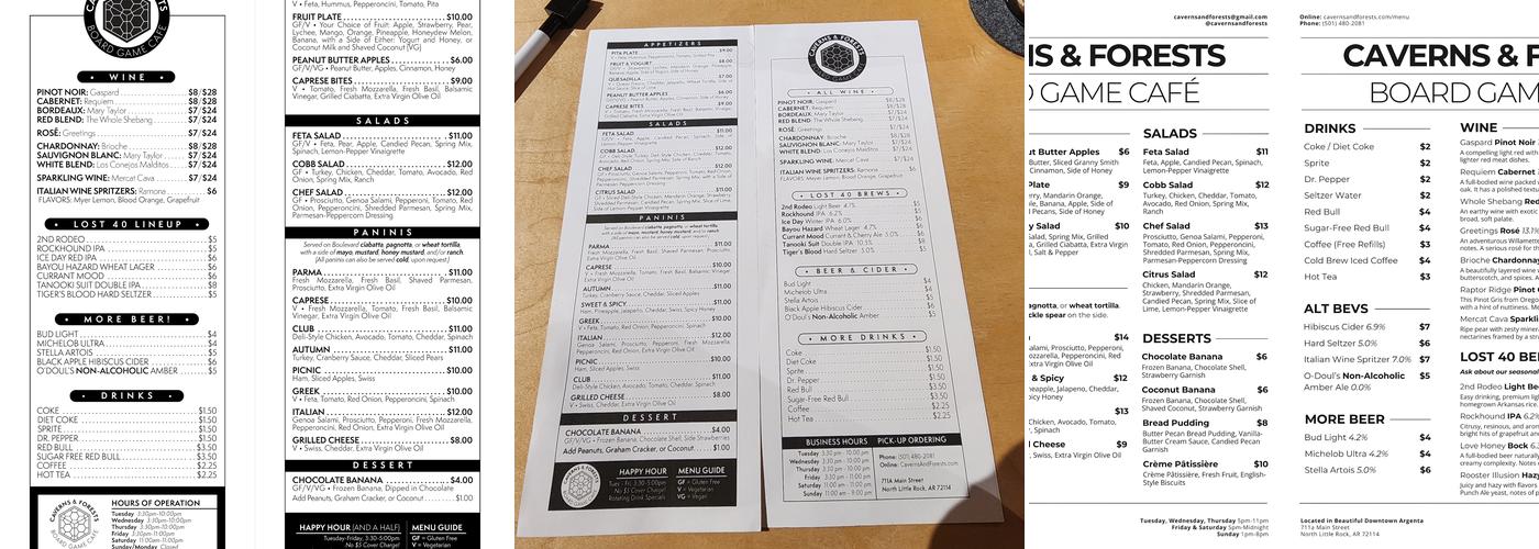 Caverns & Forests Board Game Café Menu