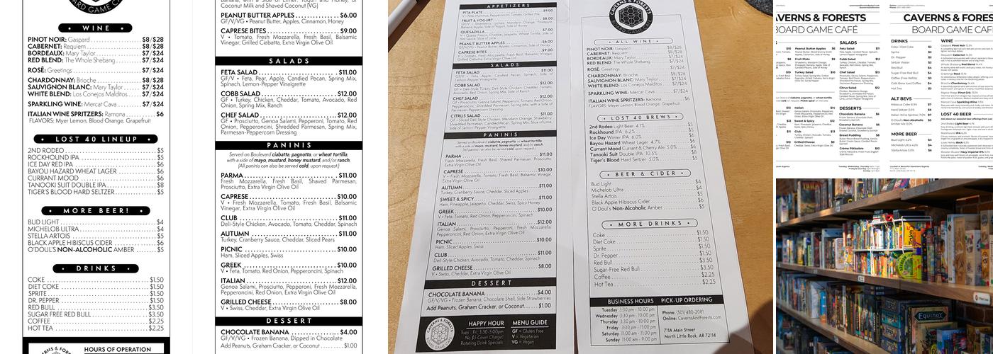 Caverns & Forests Board Game Café Menu