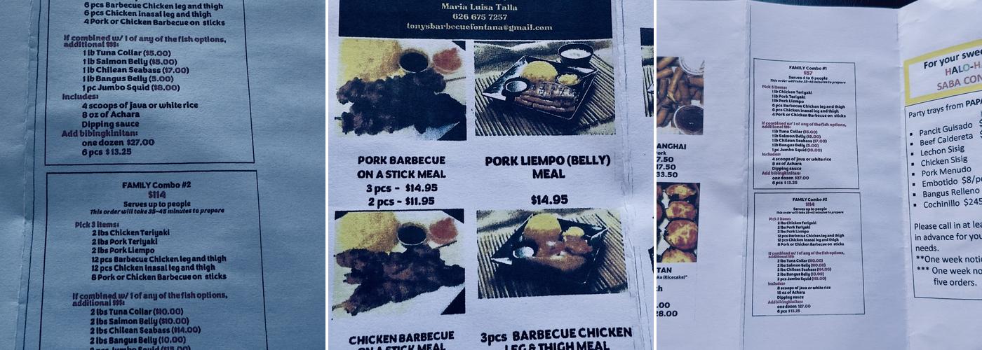 Tony's Barbecue and Bibingkinitan of Fontana Menu