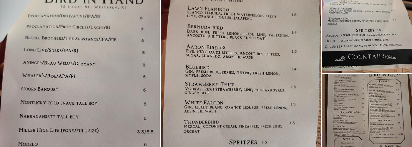Bird in Hand Menu
