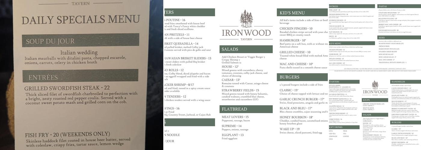 Ironwood Tavern ROC Menu