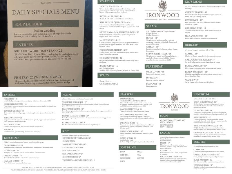Ironwood Tavern ROC Menu