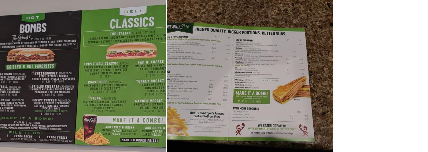 Jon Smith Subs Menu