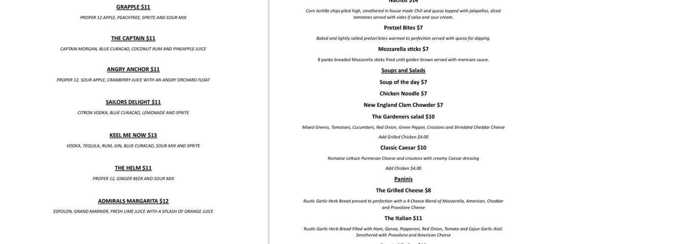 Captain’s Pub Menu