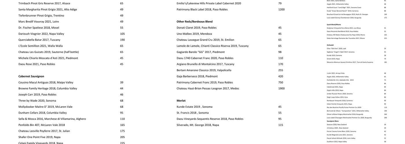 Emilio's Prime Steakhouse Menu