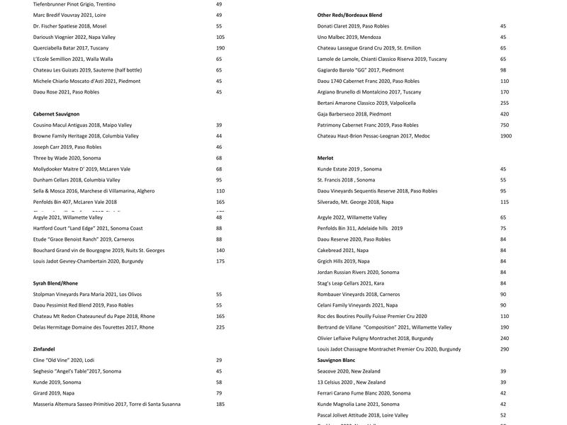 Emilio's Prime Steakhouse Menu