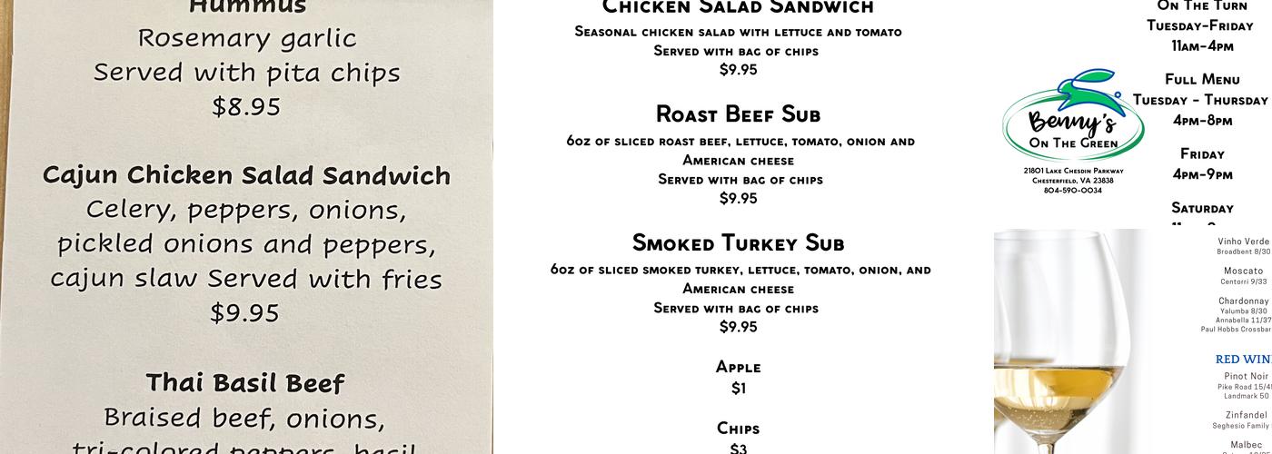 Benny's on the green Menu