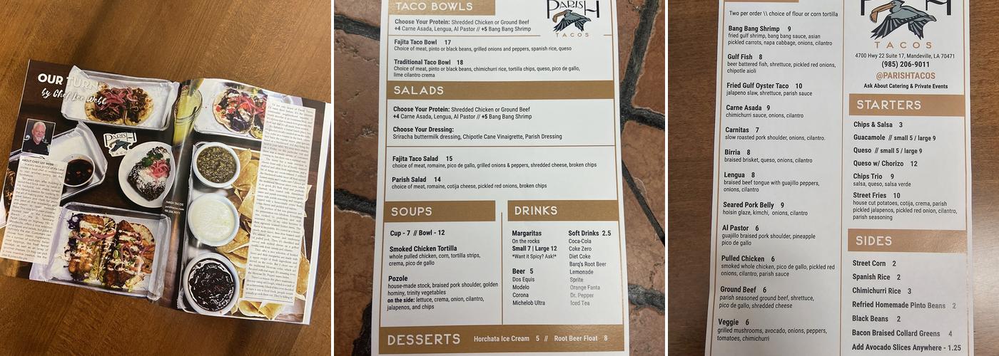 Parish Tacos Menu