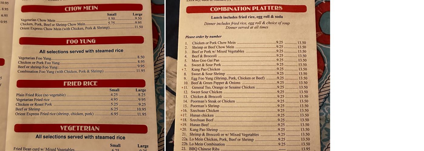 Orient Express Menu
