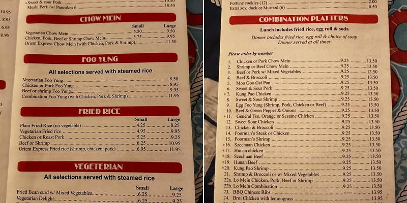 Orient Express Menu