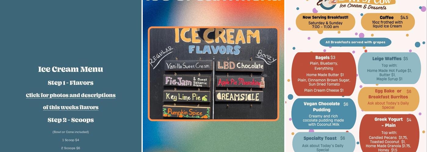 Tipsy Cow Ice Cream and Desserts Menu