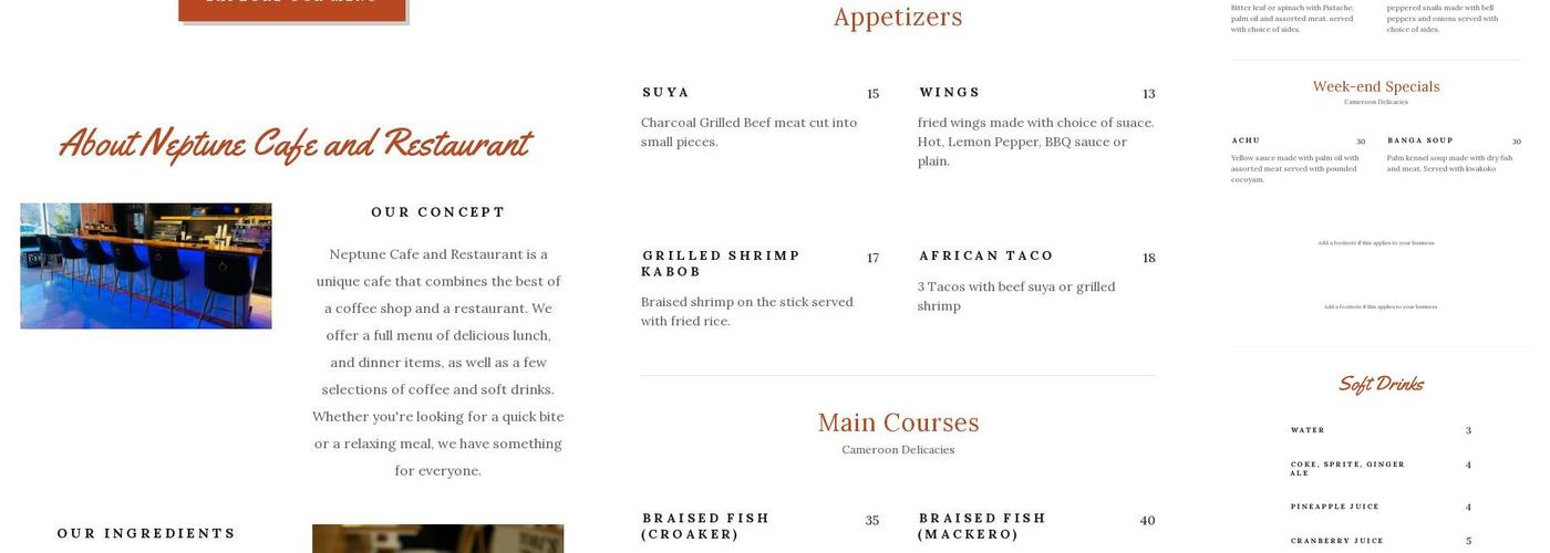 Neptune cafe and restaurant Menu