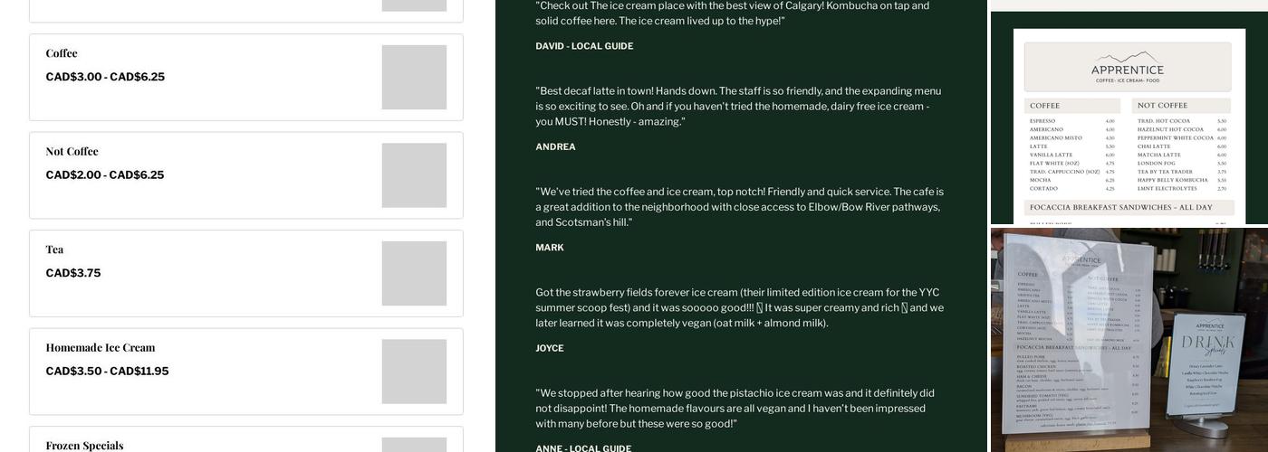 Apprentice Cafe Menu