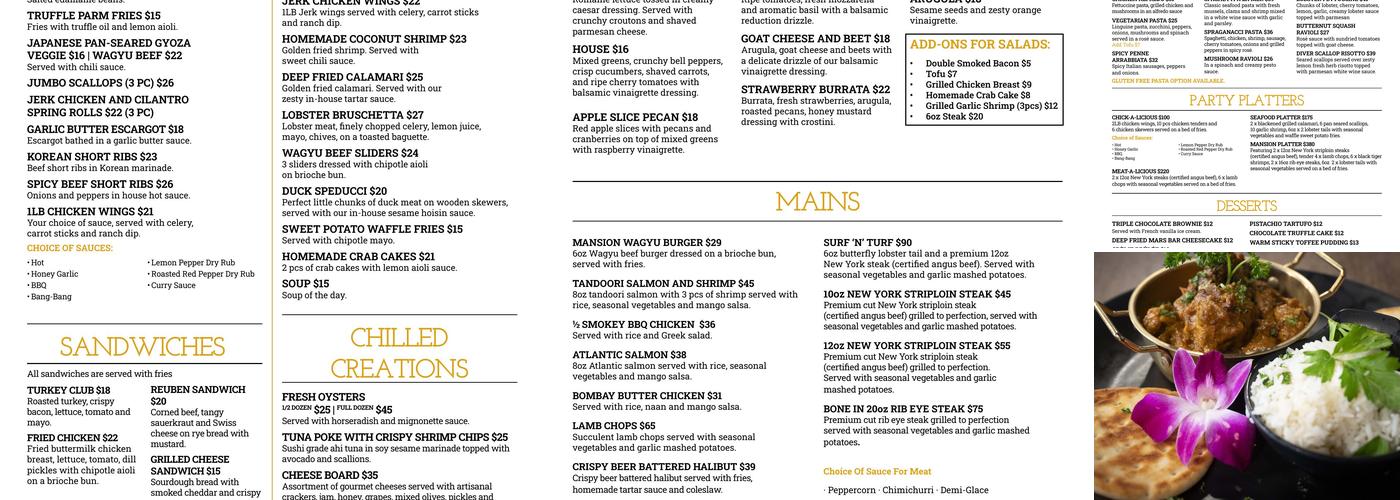 Mansion Kitchen + Bar Menu
