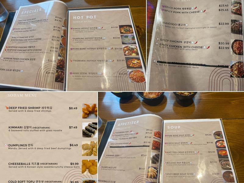 Sodam Korea Menu