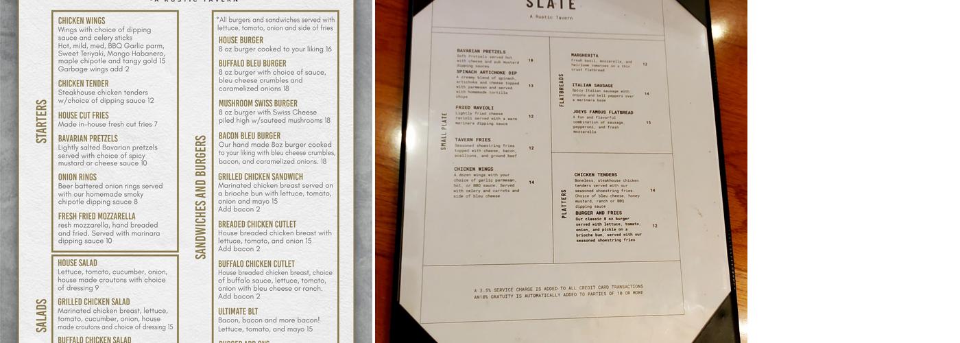 Slate- A Rustic Tavern Menu