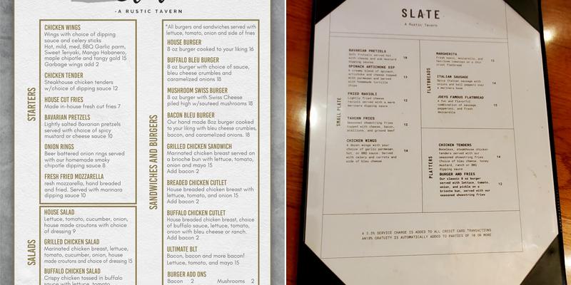Slate- A Rustic Tavern Menu