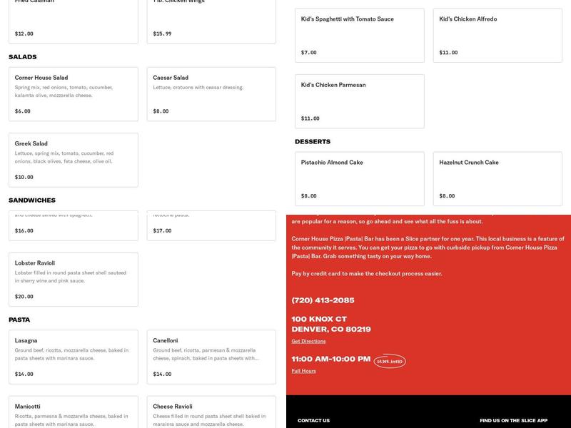 Corner House Pizza |Pasta| Bar Menu