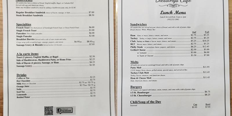Blessings Cafe Menu