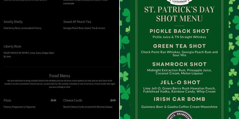 Leatherwood Distillery Menu