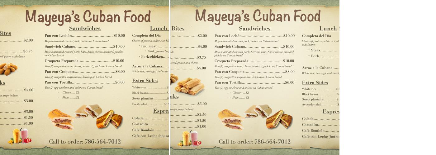 Mayeya's Cuban Food Menu