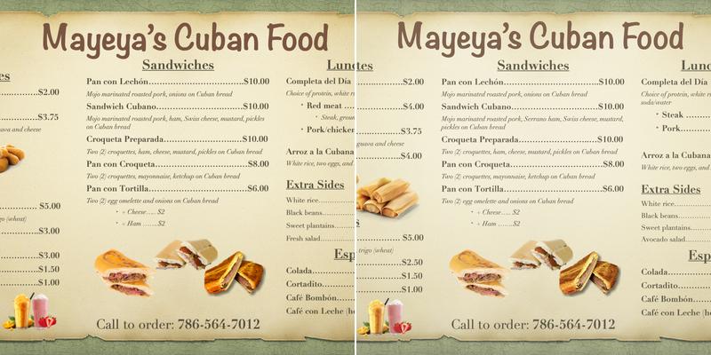 Mayeya's Cuban Food Menu