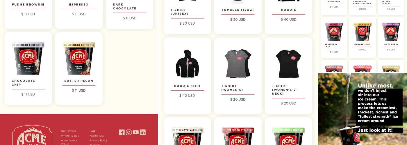 Acme Valley Ice Cream Menu