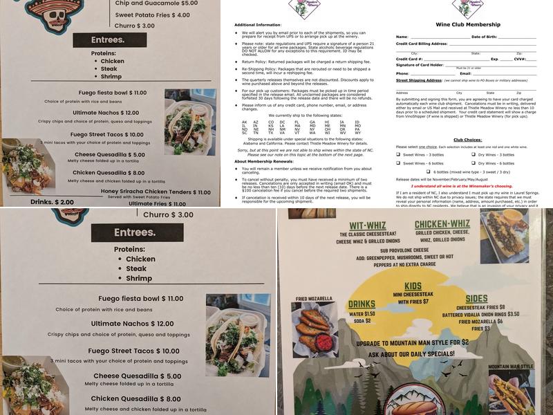 Thistle Meadow Winery Menu