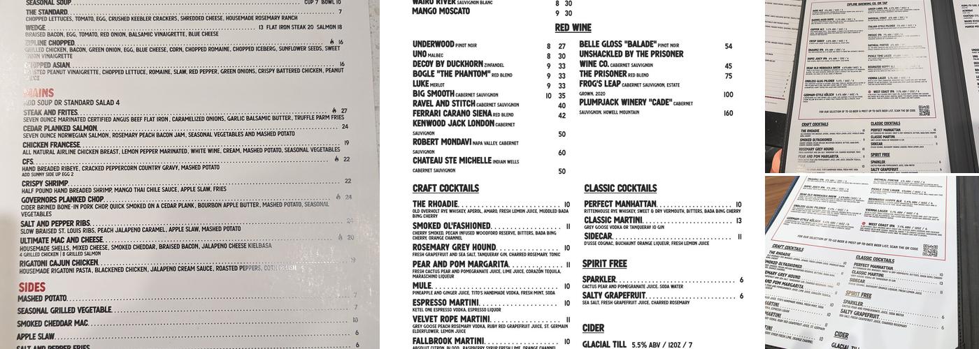 Zipline Tap & Grill Menu