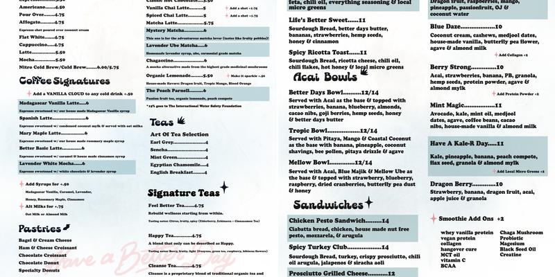 Better Days Coffee & Acai Menu
