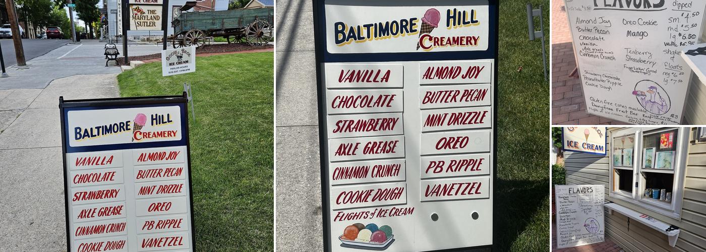 Baltimore Hill Creamery Ice Cream Parlor Menu