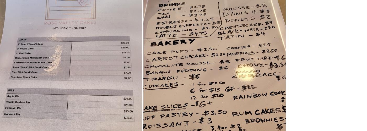 Rose Valley Cakes Menu