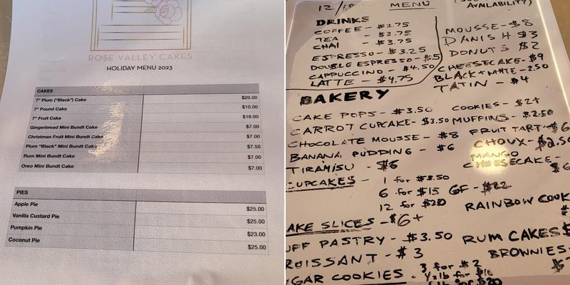 Rose Valley Cakes Menu