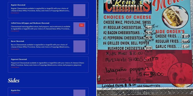 Reno’s Cheesesteaks Menu