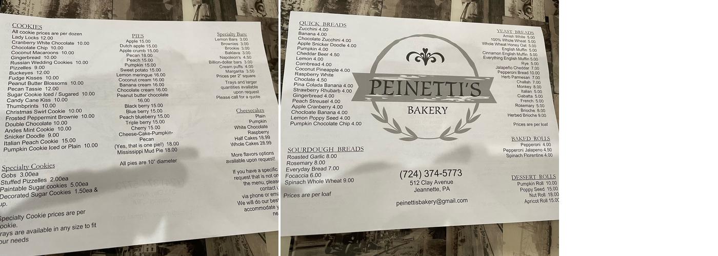 Peinetti's Bakery Menu