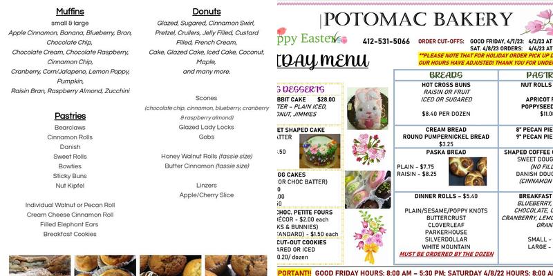 Potomac Bakery Menu