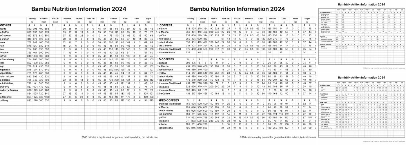 Bambu Desserts Drinks Menu