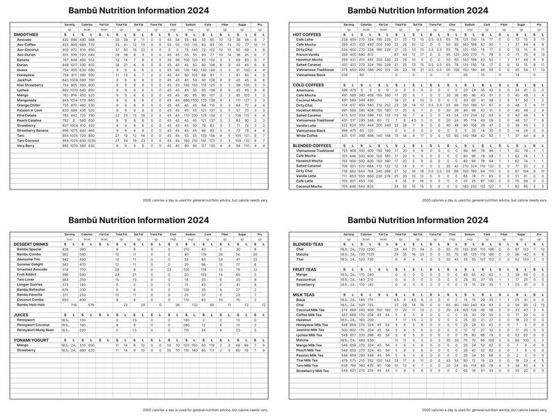 Bambu Desserts Drinks Menu