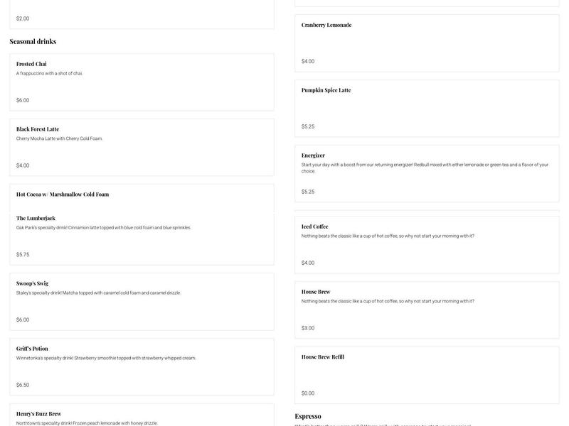 Class Act Coffee Menu