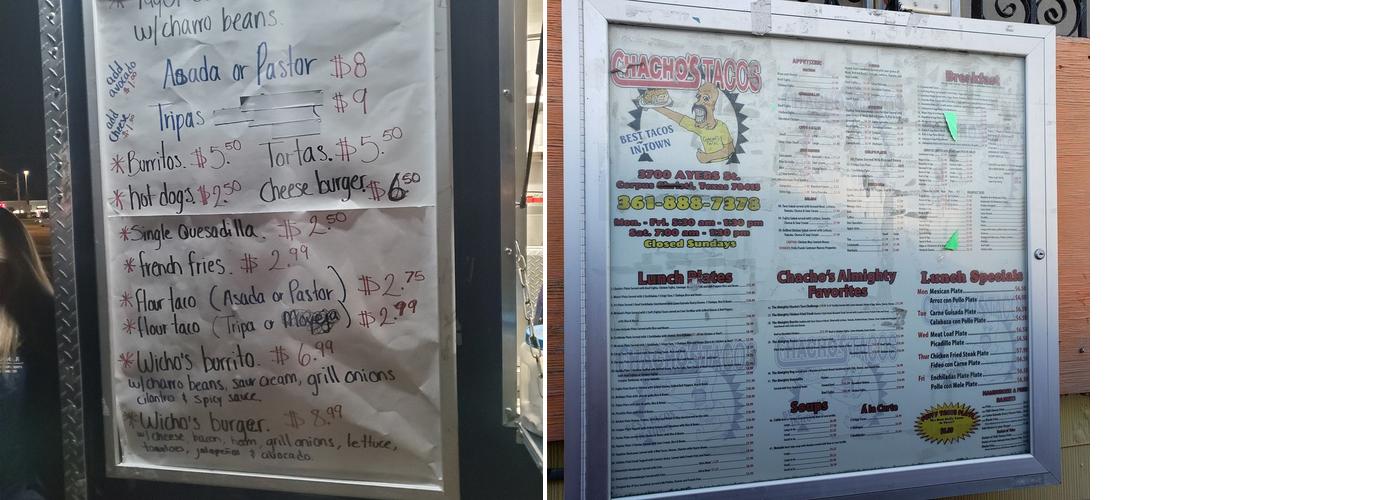 Wicho's Tacos Menu