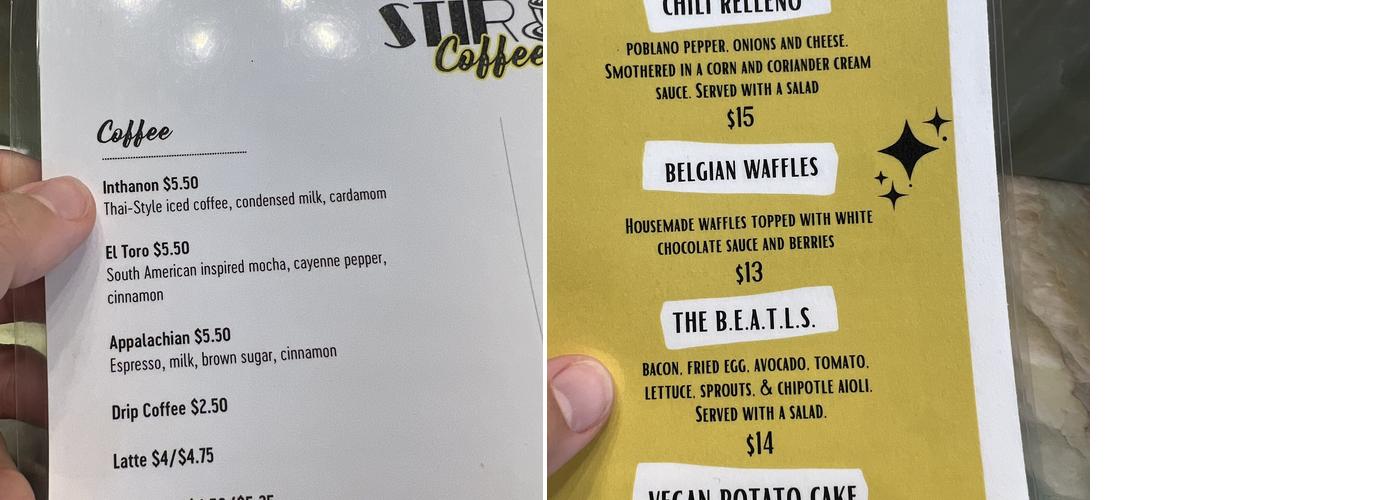 Stir Coffee & Cocktails Downtown Menu